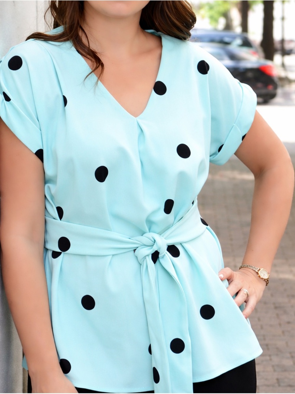 Worthington Aqua blue with black Polka Dot Tie-Front Tunic